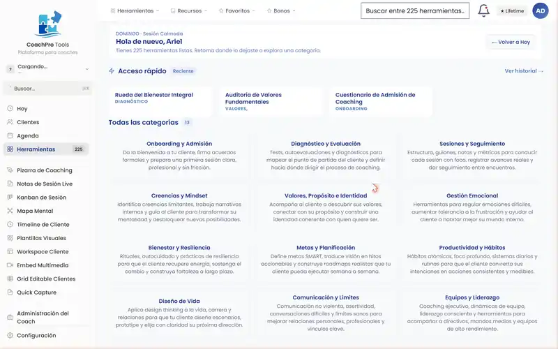 Vista de las 249 herramientas agrupadas en 15 categorías