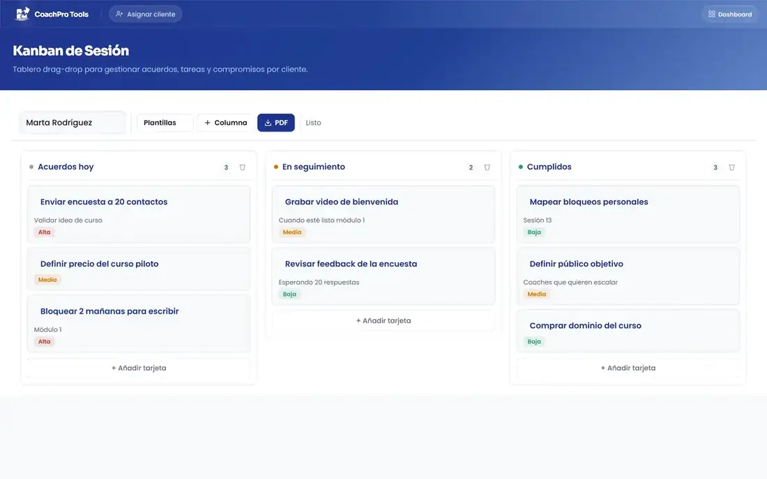 Kanban con acuerdos del cliente en columnas Hoy, Seguimiento y Cumplidos