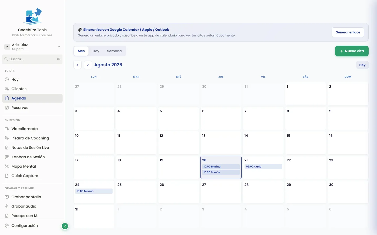 Agenda semanal con citas distribuidas por día y hora