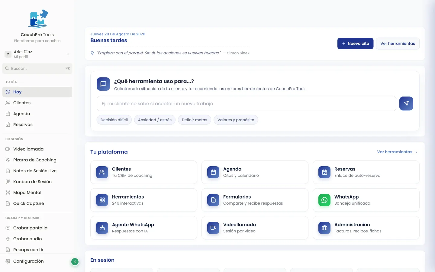 Vista Hoy del nuevo dashboard con módulos, recomendador de herramientas y próximas citas