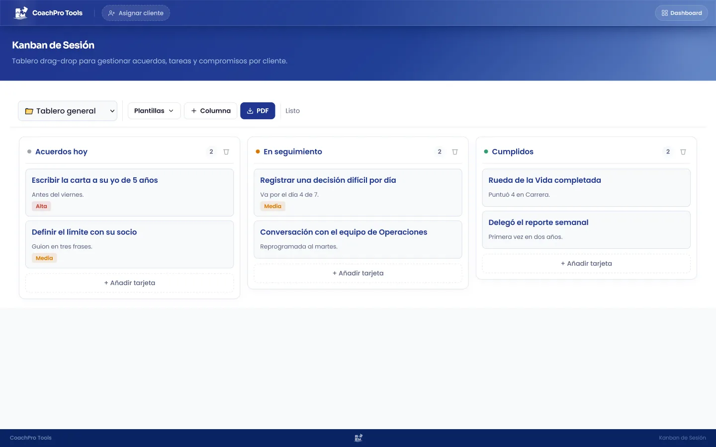 Kanban con acuerdos del cliente en columnas Hoy, Seguimiento y Cumplidos