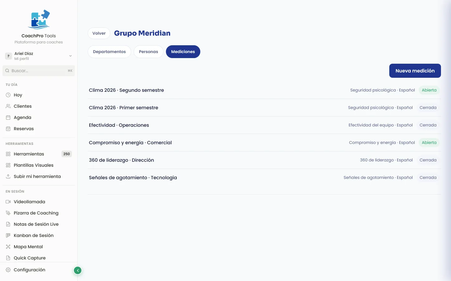 Modulo Organizaciones: mediciones de clima por departamento en CoachPro Tools