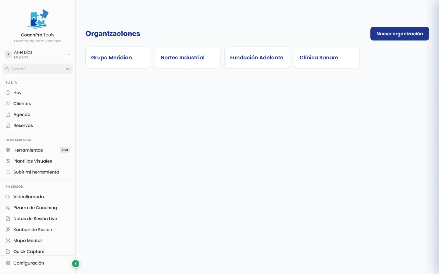 Listado de organizaciones en CoachPro Tools