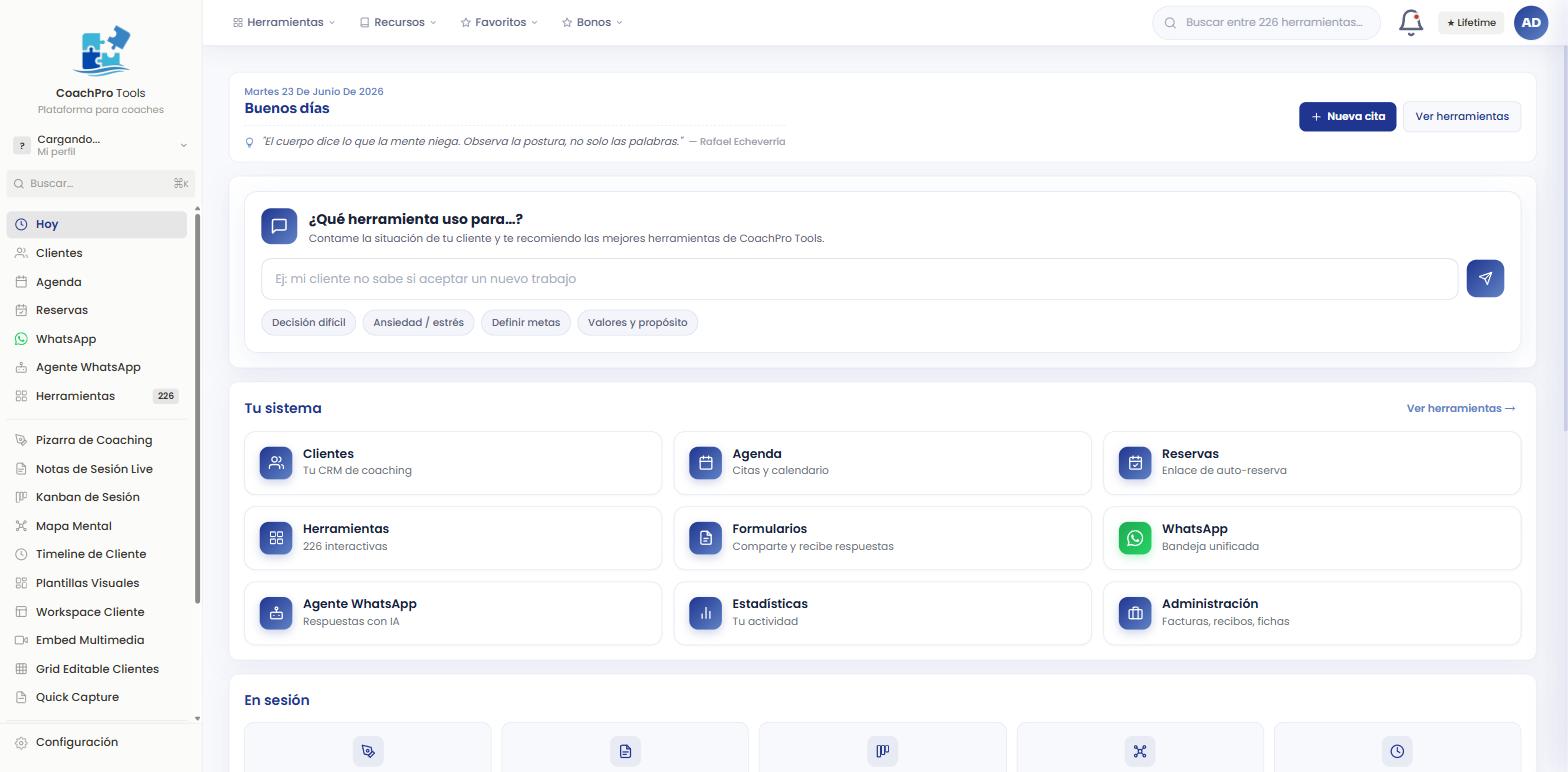 Vista Hoy del nuevo dashboard con módulos, recomendador de herramientas y próximas citas